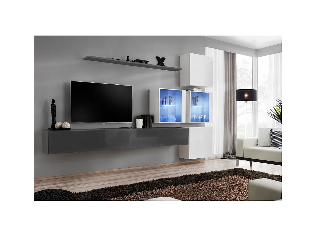 Conjunto de móveis para sala de estar SWITCH XIX, design em cores cinza e branco brilhante.