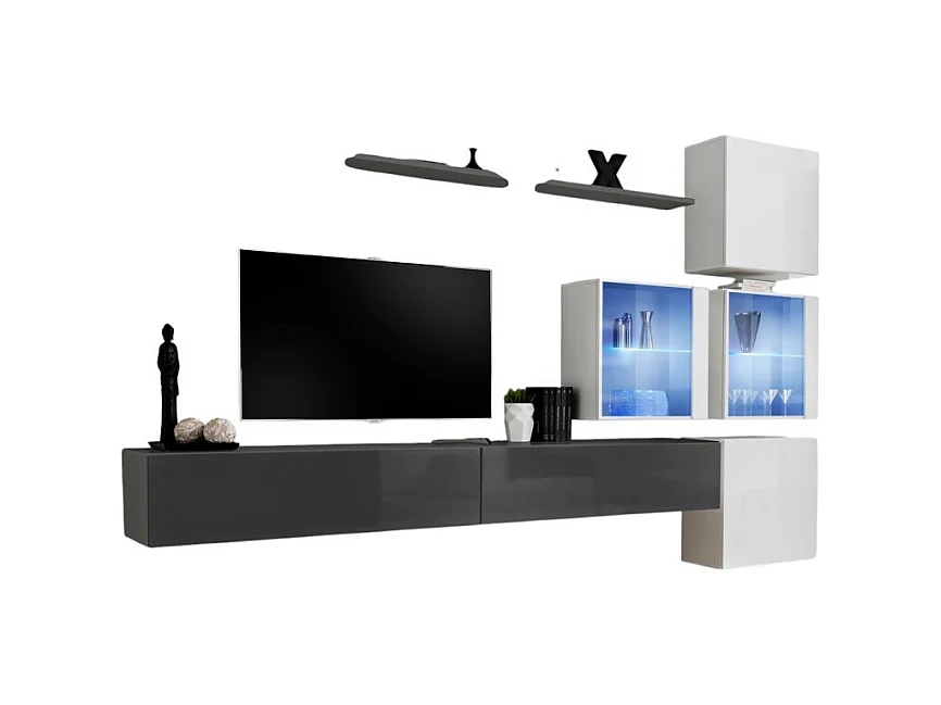 Ensemble meubles de salon SWITCH XIX design, coloris gris et blanc brillant.