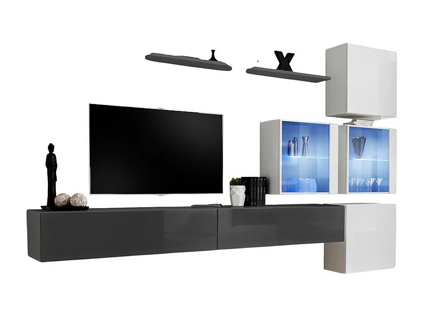 Ensemble meubles de salon SWITCH XIX design, coloris gris et blanc brillant.