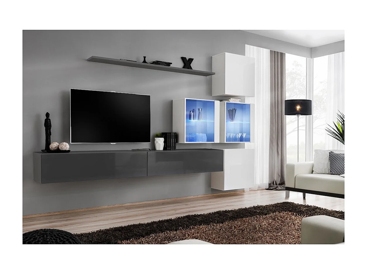 Ensemble meubles de salon SWITCH XIX design, coloris gris et blanc brillant.
