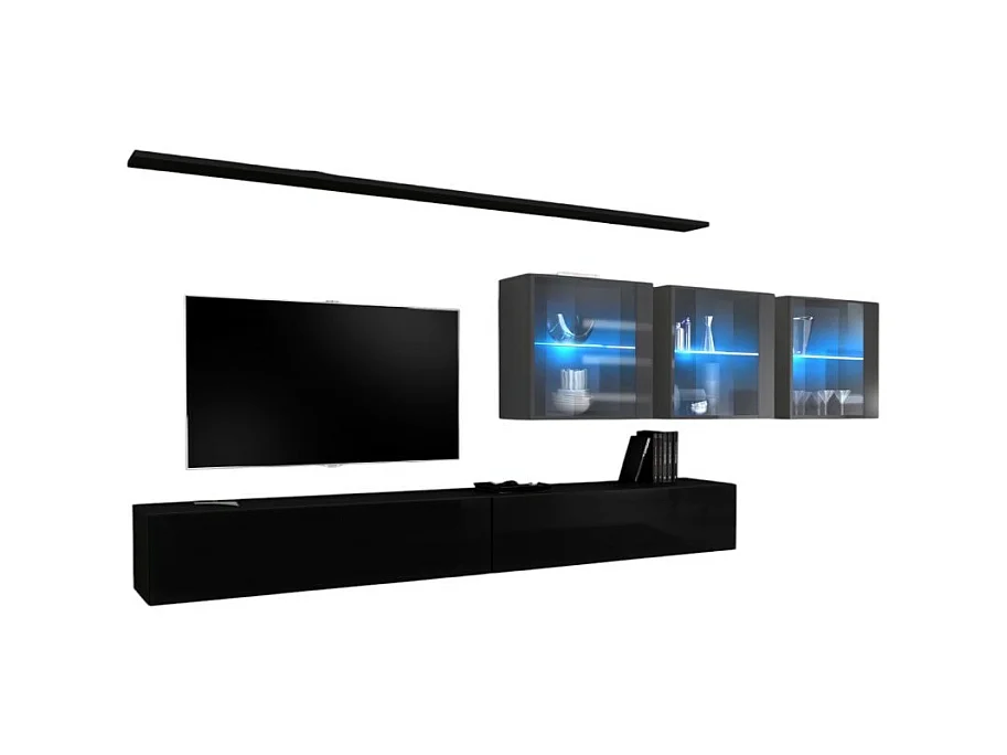 Wohnzimmer-Wandmöbel-Set SWITCH XVII Design, in glänzendem Schwarz und Grau.