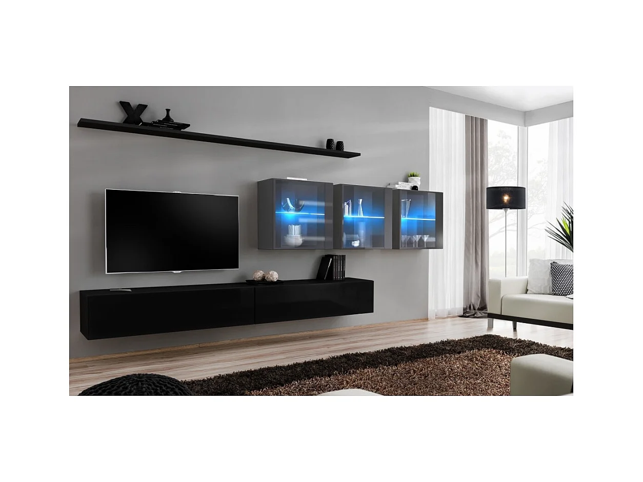 Wohnzimmer-Wandmöbel-Set SWITCH XVII Design, in glänzendem Schwarz und Grau.