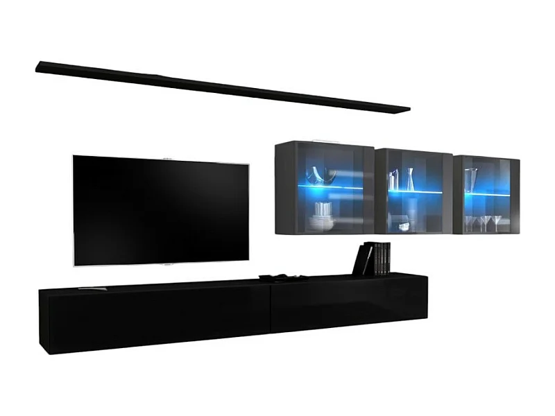 Wandmeubelset voor de woonkamer SWITCH XVII design, in glanzend zwart en grijs.