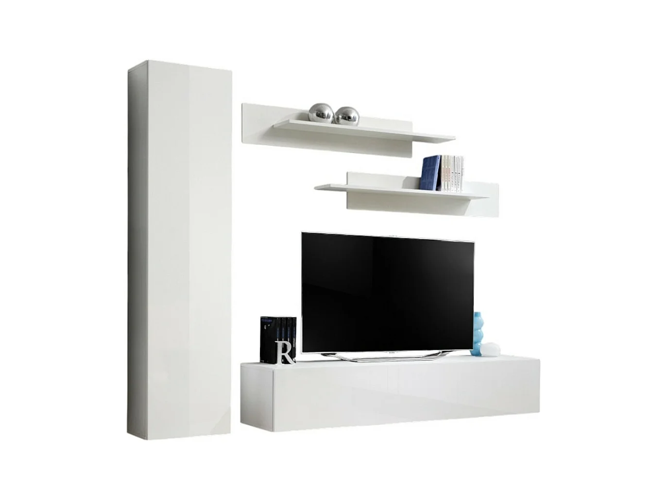 Meuble TV FLY G1 design, coloris blanc brillant. Meuble suspendu moderne et tendance pour votre salon.