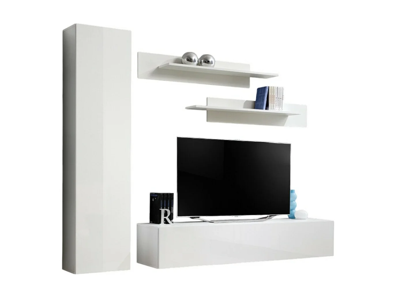 Meuble TV FLY G1 design, coloris blanc brillant. Meuble suspendu moderne et tendance pour votre salon.