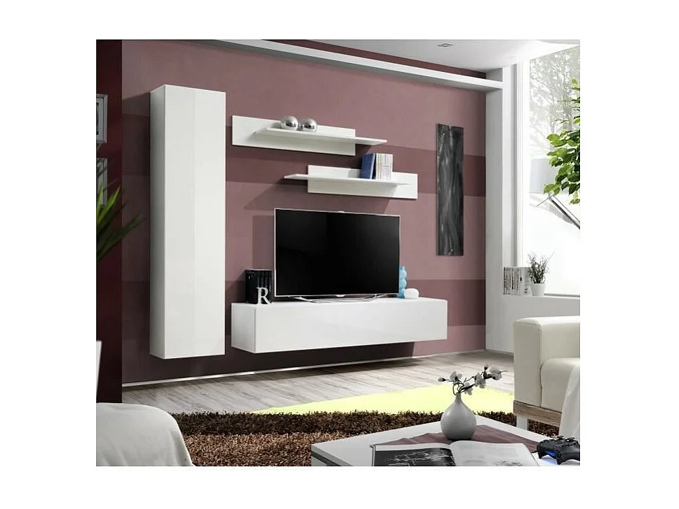 Meuble TV FLY G1 design, coloris blanc brillant. Meuble suspendu moderne et tendance pour votre salon.