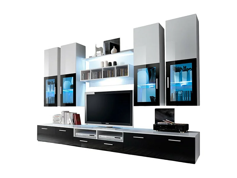 Composição de móveis para TV da coleção LORA. Cores branco e preto.