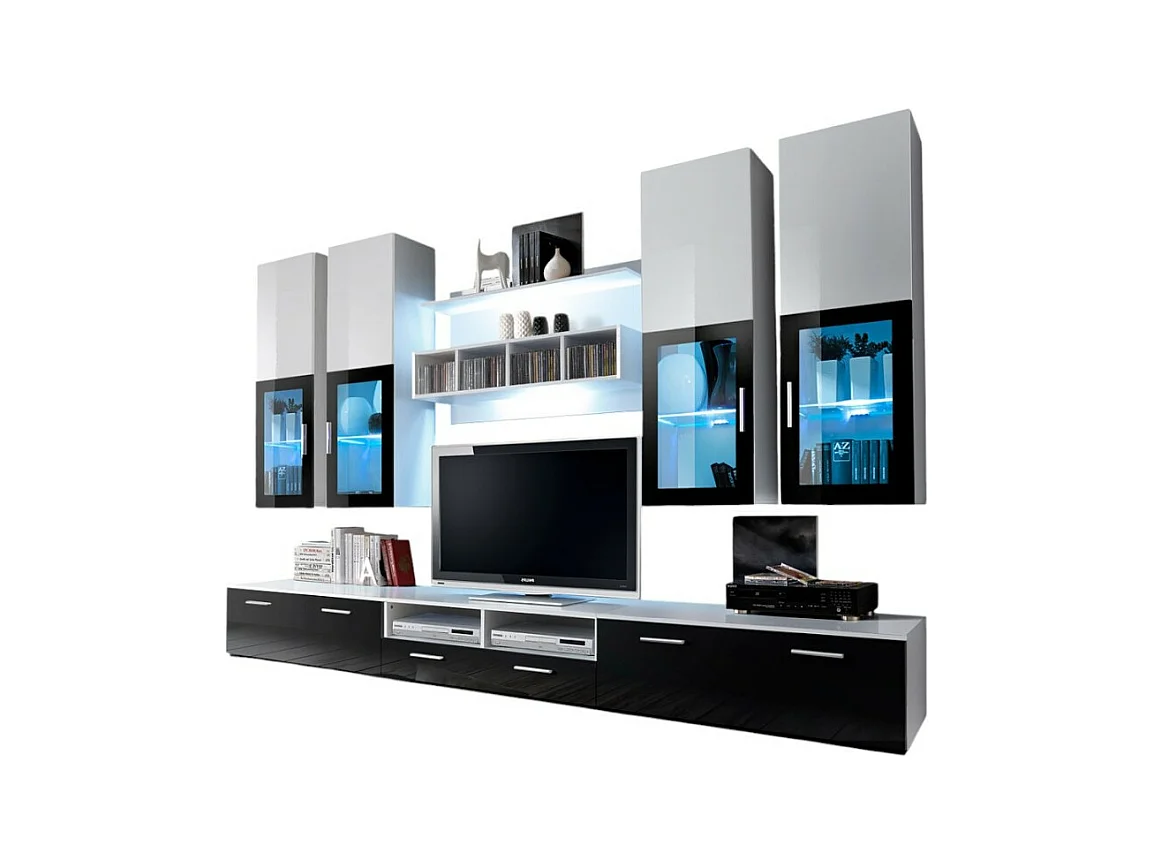 Zusammensetzung von TV-Möbeln, Designkollektion LORA. Farben Weiß und Schwarz.