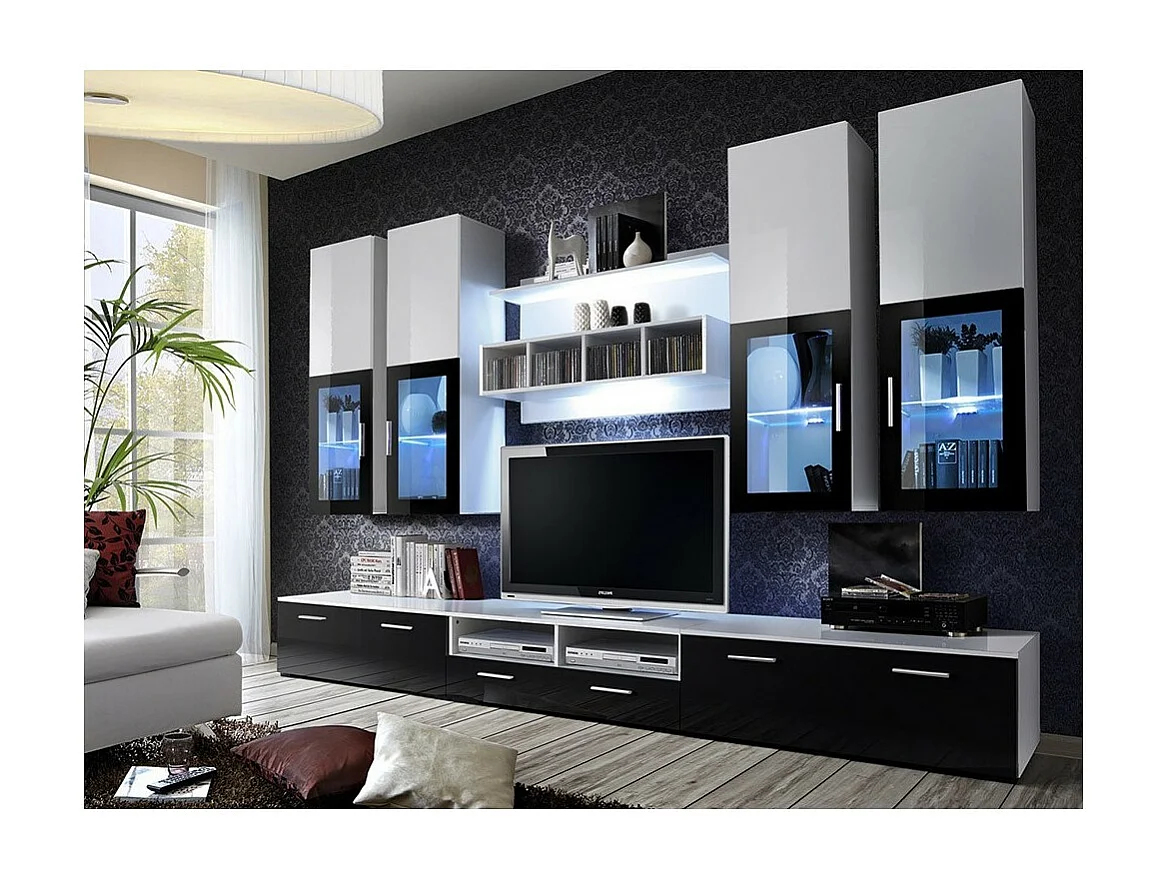 Composition de meubles TV  design collection LORA. Coloris blanc et noir.