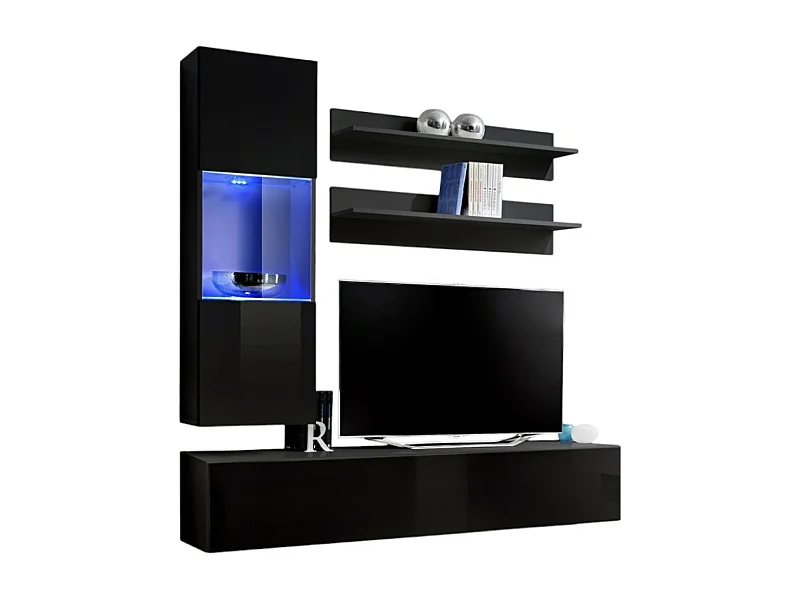 Meuble TV FLY H3 design, coloris noir brillant. Meuble suspendu moderne et tendance pour votre salon.