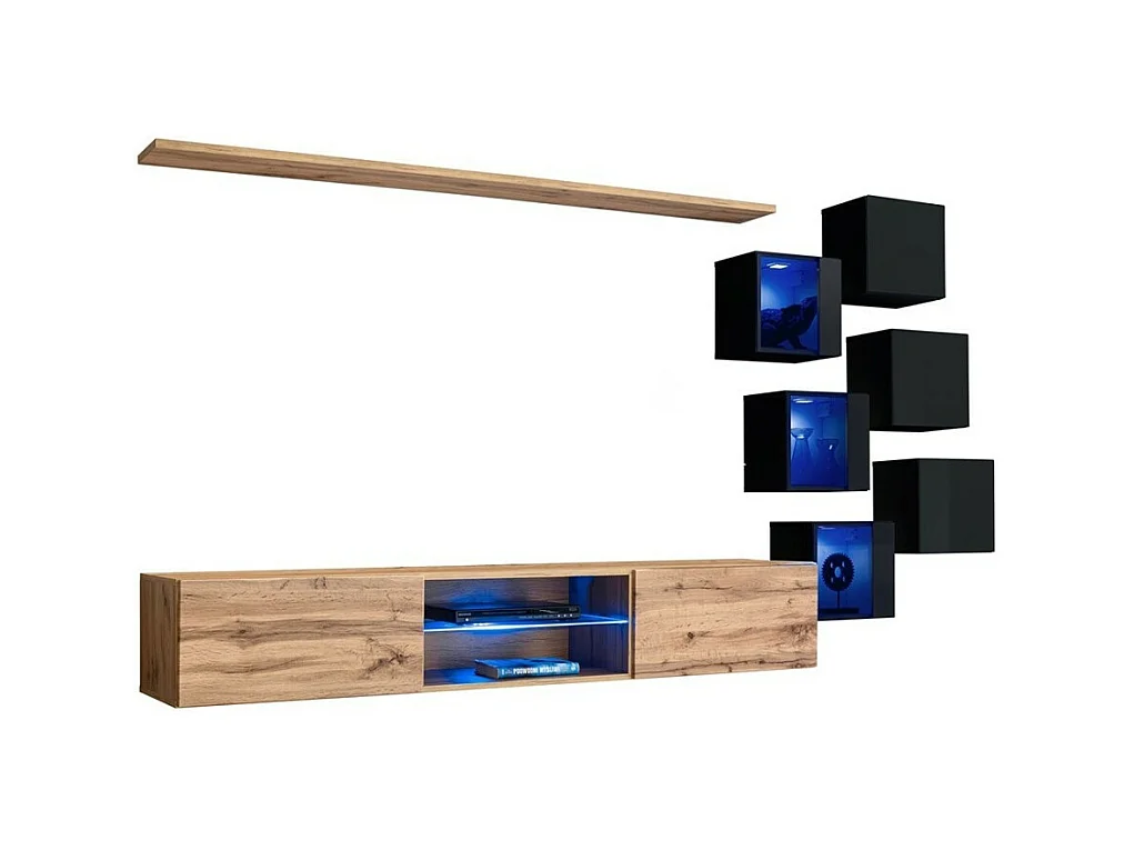 Ensemble meubles de salon SWITCH XXI design, coloris chêne et noir.