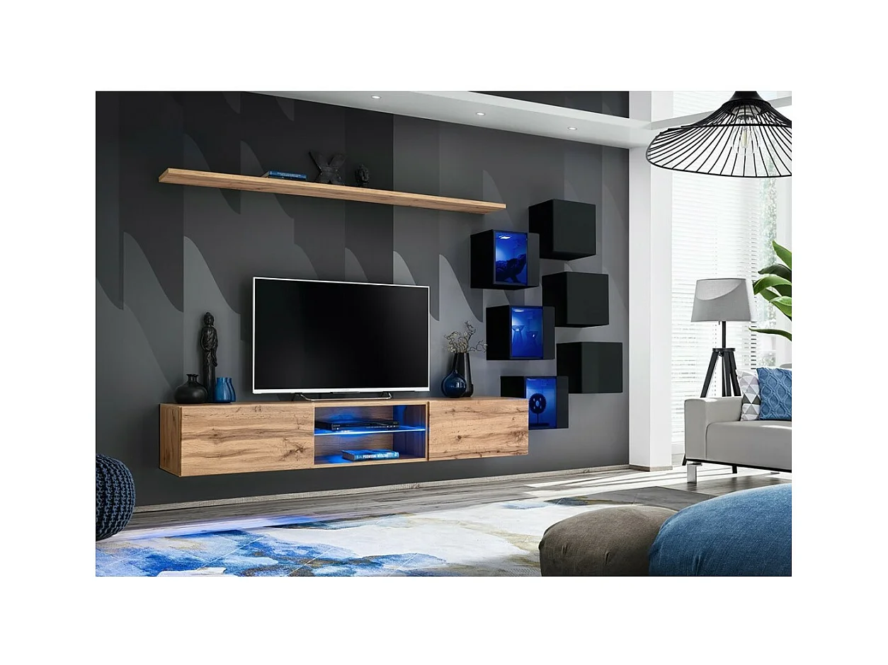 Ensemble meubles de salon SWITCH XXI design, coloris chêne et noir.