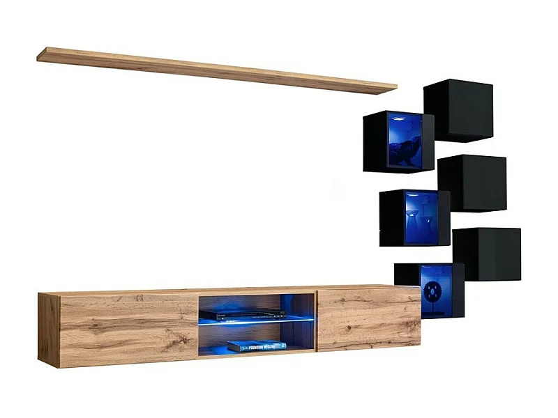 Woonkamerset SWITCH XXI design, in eiken en zwart.