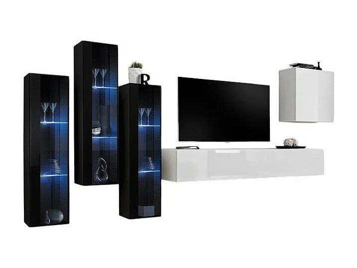 Conjunto de muebles de salón mural SWITCH XIII diseño, color blanco brillante y negro.