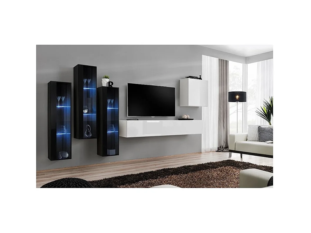 Conjunto de muebles de salón mural SWITCH XIII diseño, color blanco brillante y negro.