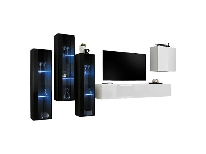 Ensemble meuble salon mural SWITCH XIII design, coloris blanc brillant et noir.