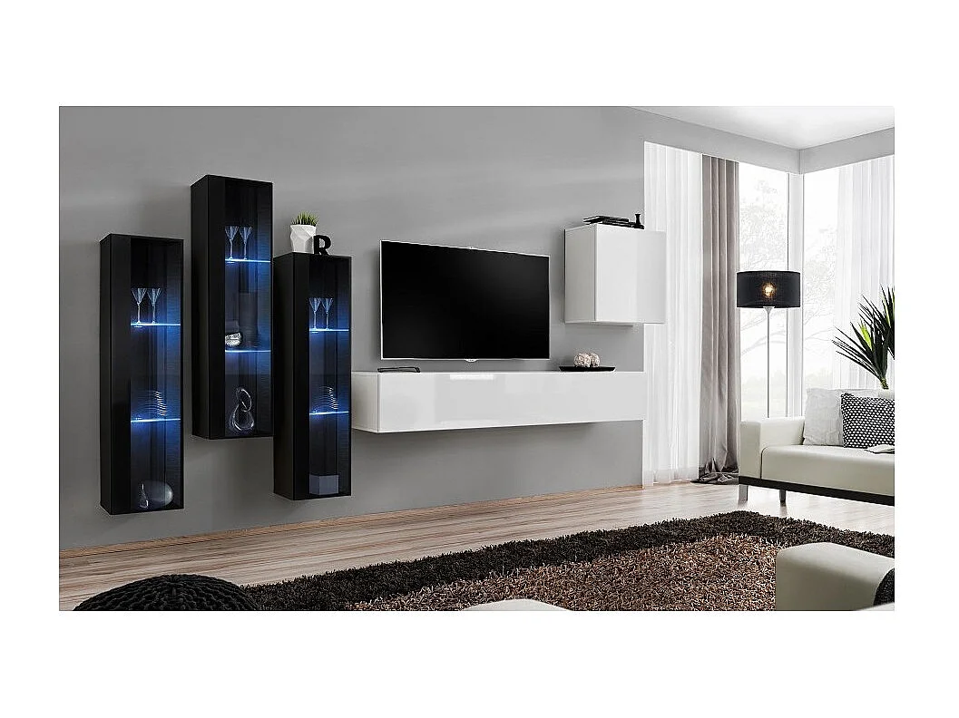 Ensemble meuble salon mural SWITCH XIII design, coloris blanc brillant et noir.