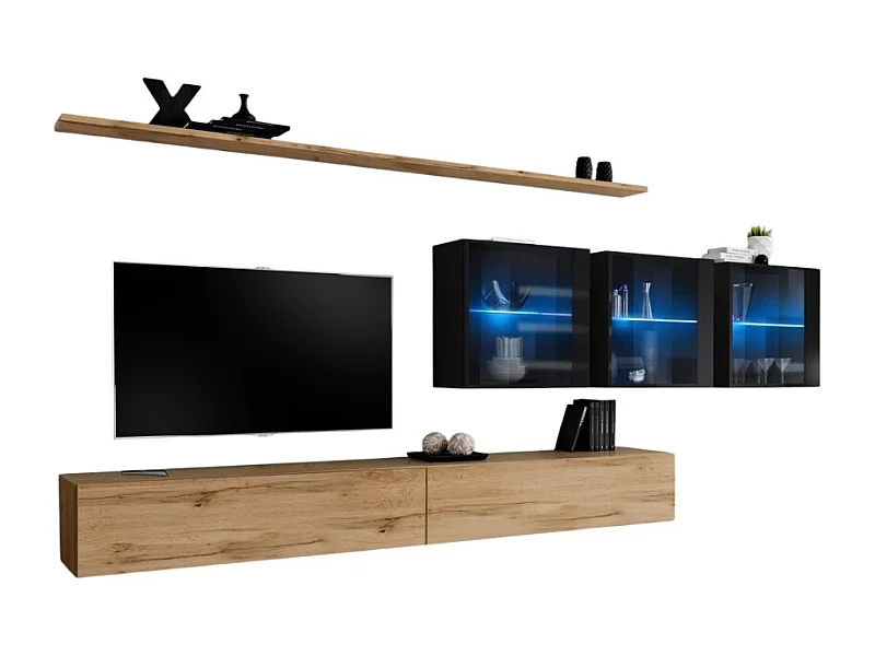 Conjunto de muebles de salón mural SWITCH XVII diseño, color roble Wotan y negro brillante.