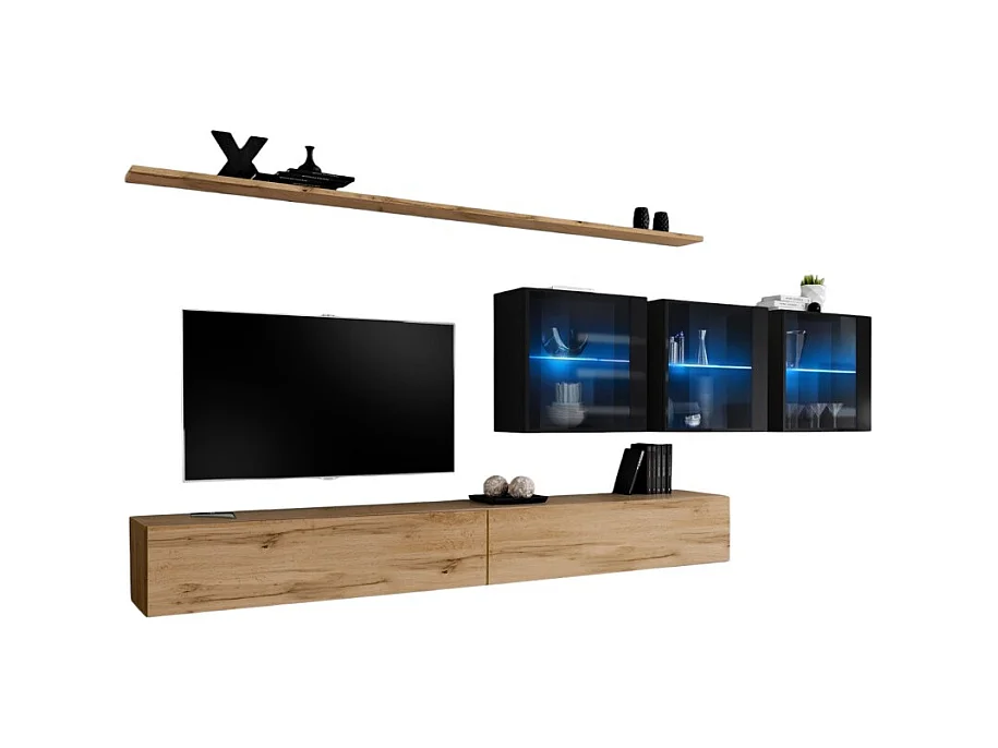 Conjunto de muebles de salón mural SWITCH XVII diseño, color roble Wotan y negro brillante.