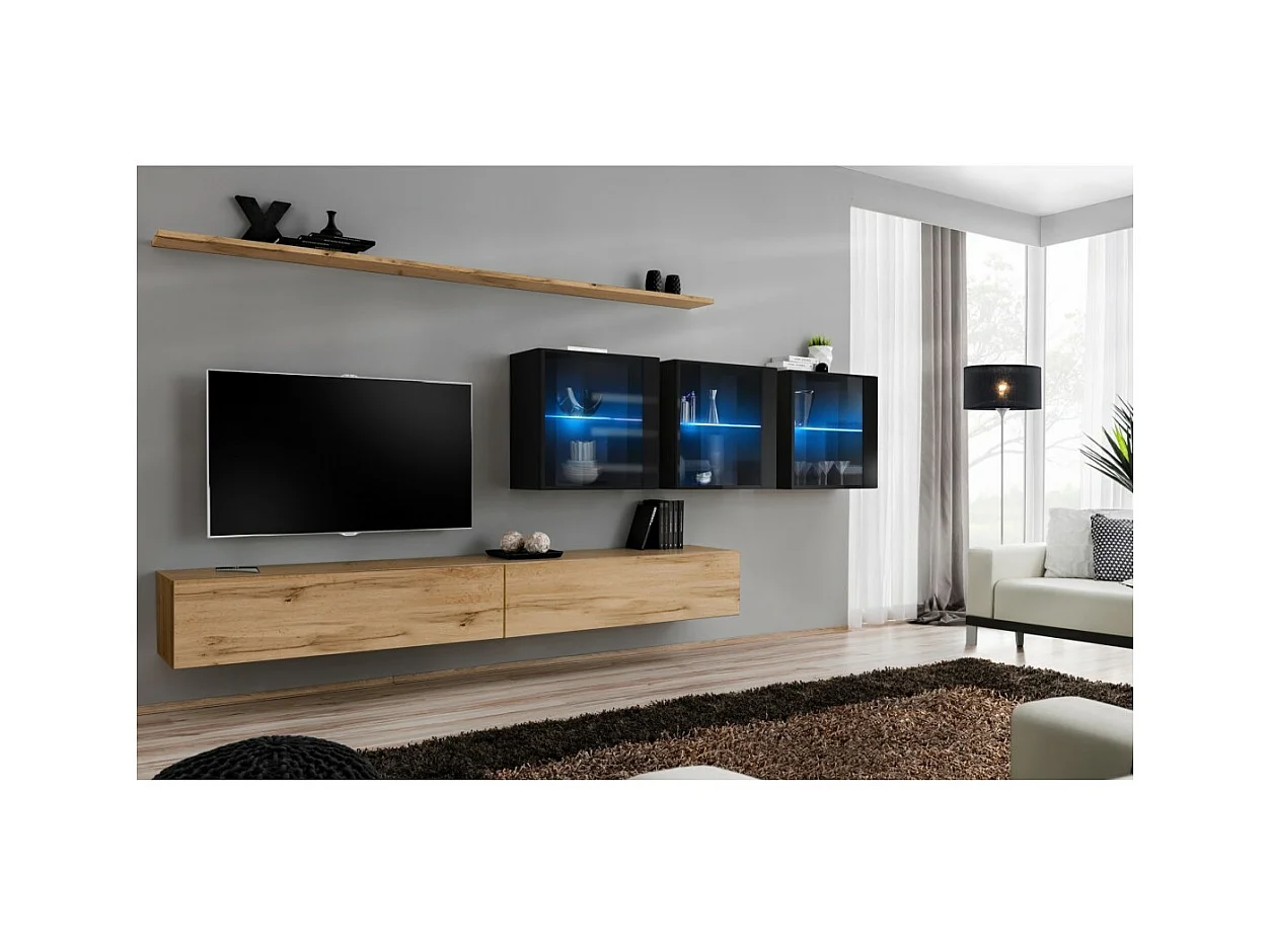 Conjunto de muebles de salón mural SWITCH XVII diseño, color roble Wotan y negro brillante.