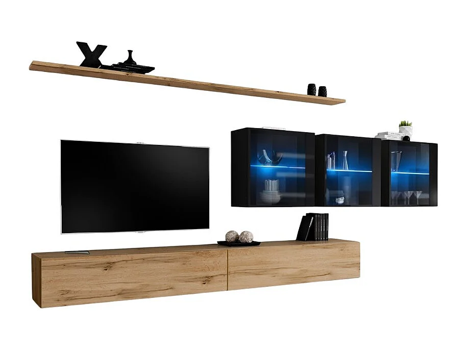 Ensemble meuble salon mural SWITCH XVII design, coloris chêne Wotan et noir brillant.
