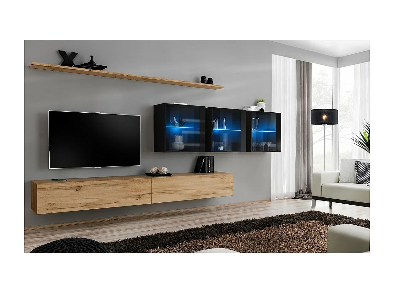 Ensemble meuble salon mural SWITCH XVII design, coloris chêne Wotan et noir brillant.