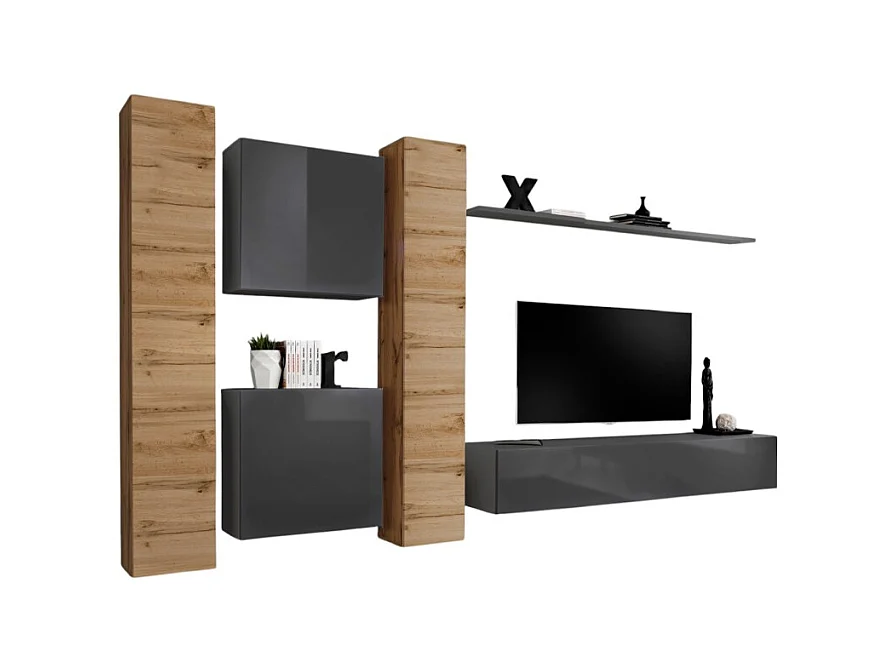 Wandmeubelset voor de woonkamer SWITCH VI in design, in glanzend grijs en Wotan eiken kleur.