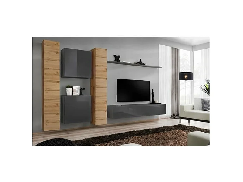 Wandmeubelset voor de woonkamer SWITCH VI in design, in glanzend grijs en Wotan eiken kleur.
