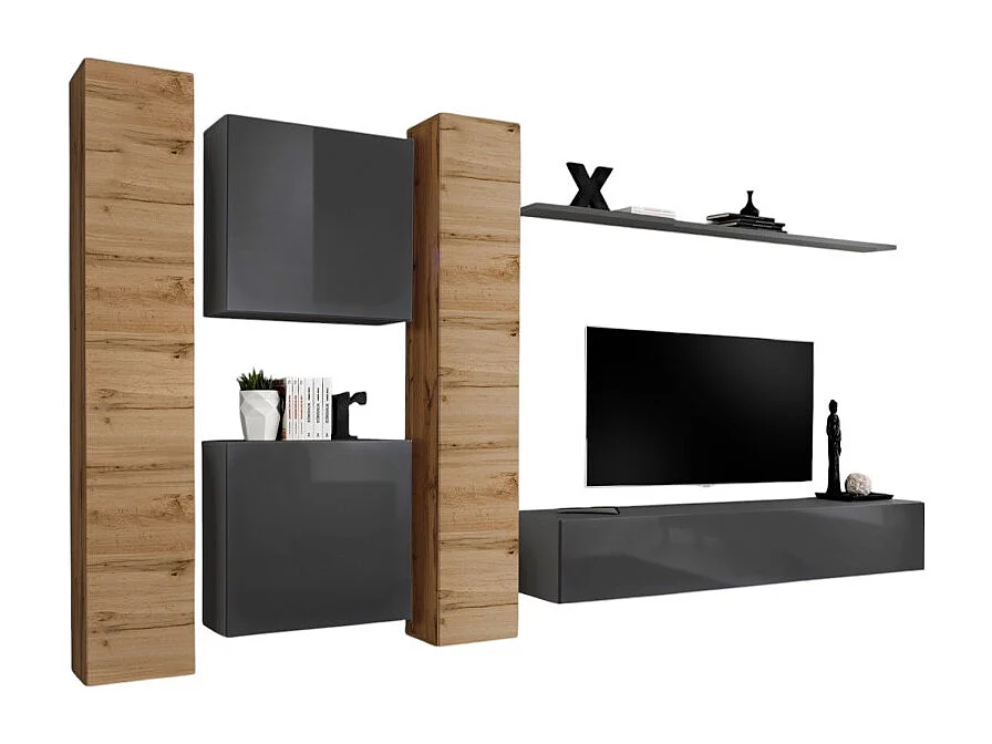 Wandmeubelset voor de woonkamer SWITCH VI in design, in glanzend grijs en Wotan eiken kleur.