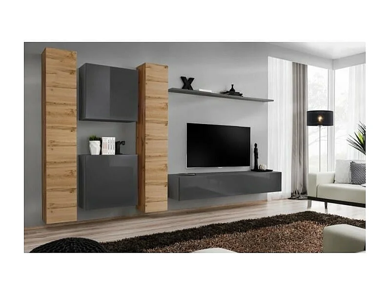 Wandmeubelset voor de woonkamer SWITCH VI in design, in glanzend grijs en Wotan eiken kleur.