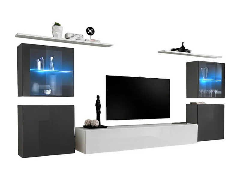 Wohnzimmerwandmöbel-Set SWITCH XIV im Design, Farbe Weiß und glänzend Grau.