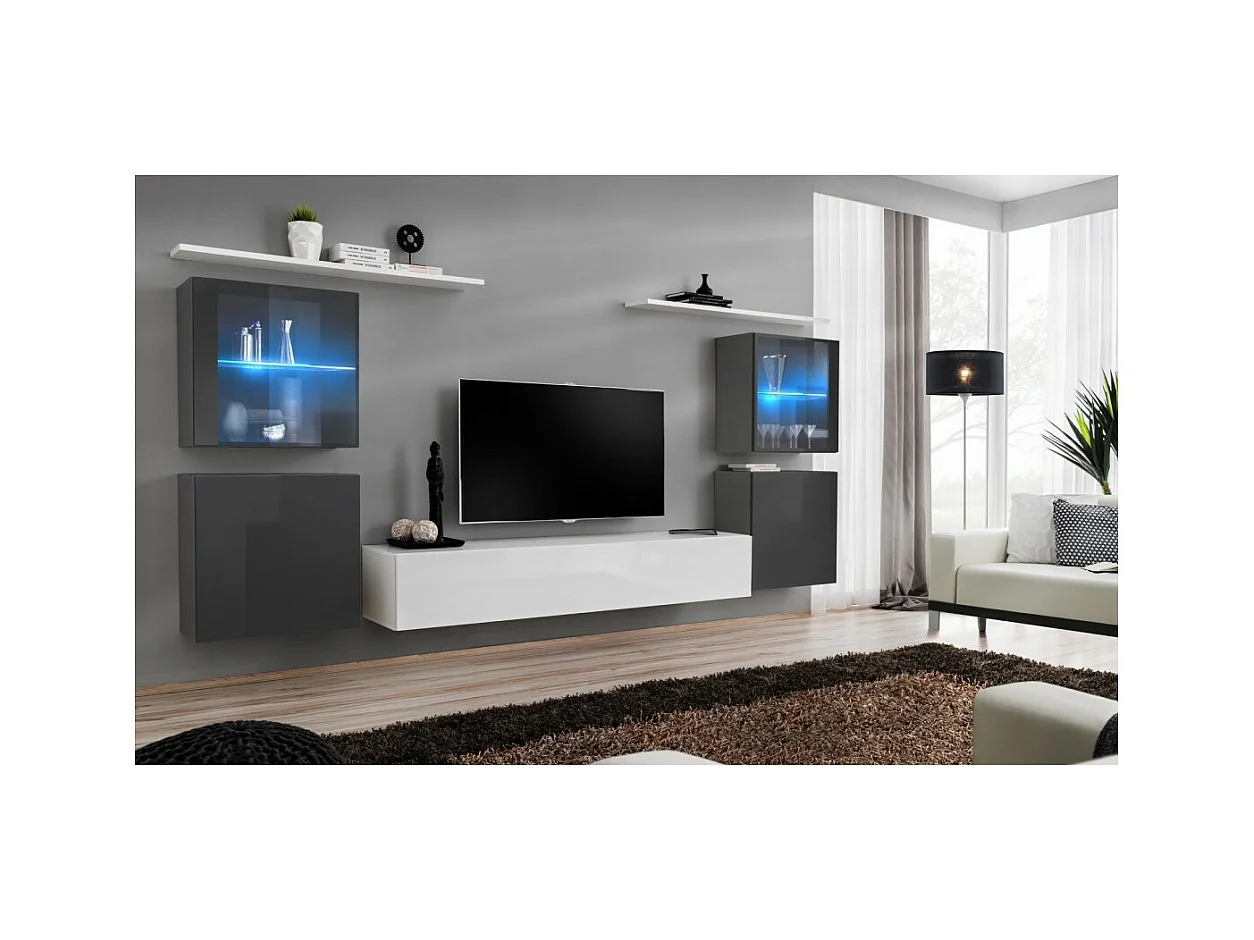 Conjunto de muebles de salón mural SWITCH XIV diseño, color blanco y gris brillante.