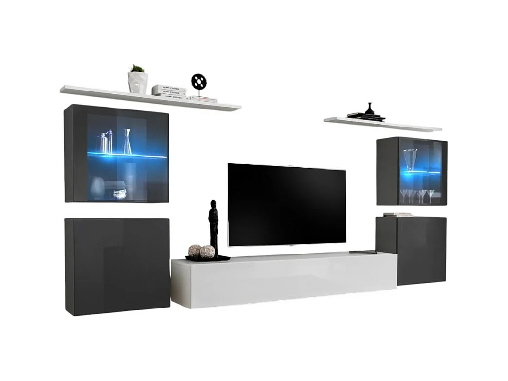 Ensemble meuble salon mural SWITCH XIV design, coloris blanc et gris brillant.