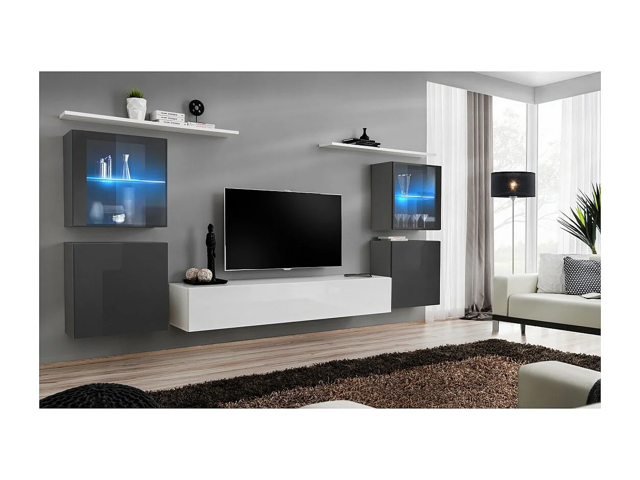 Wandmeubelset voor de woonkamer SWITCH XIV design, in glanzend wit en grijs.