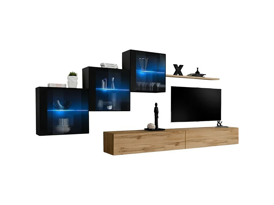 Ensemble meubles de salon SWITCH XX design, coloris chêne Wotan et noir brillant.