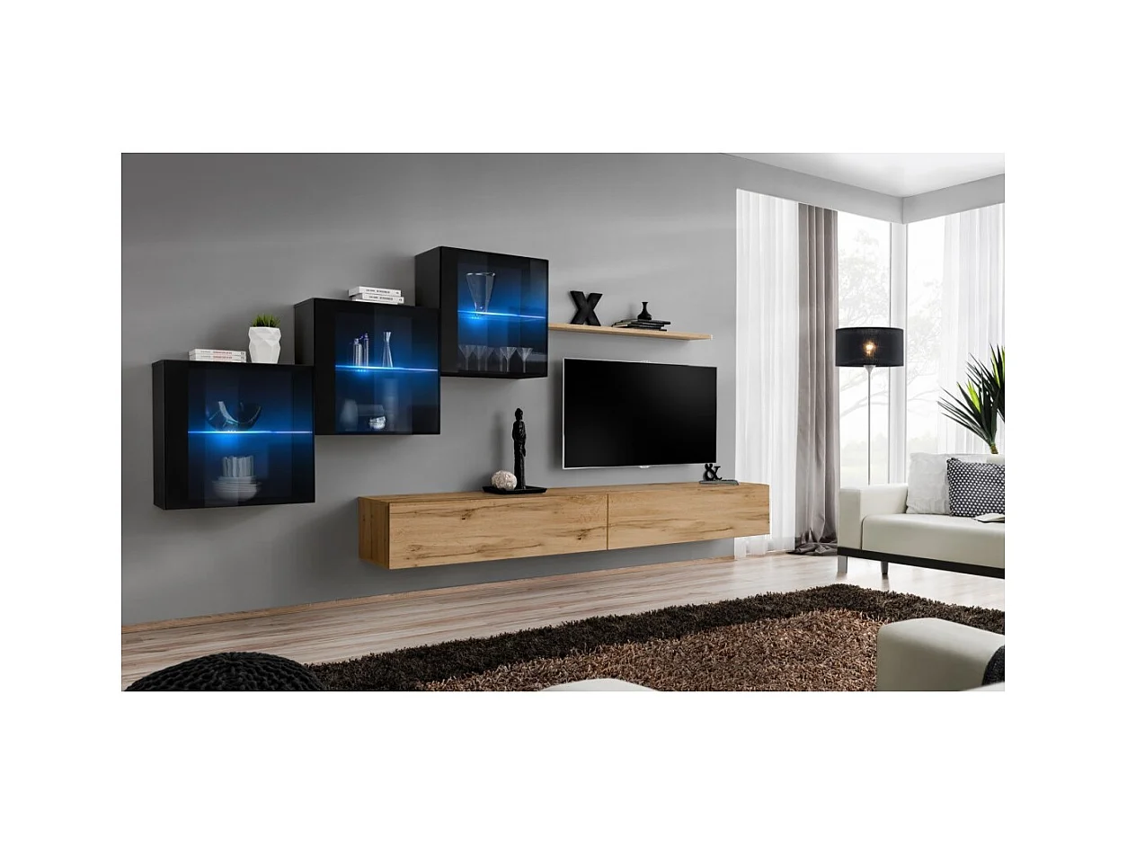 Ensemble meubles de salon SWITCH XX design, coloris chêne Wotan et noir brillant.