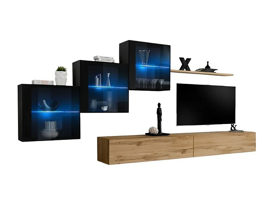 Woonkamerset SWITCH XX design, in Wotan eiken en hoogglans zwart.