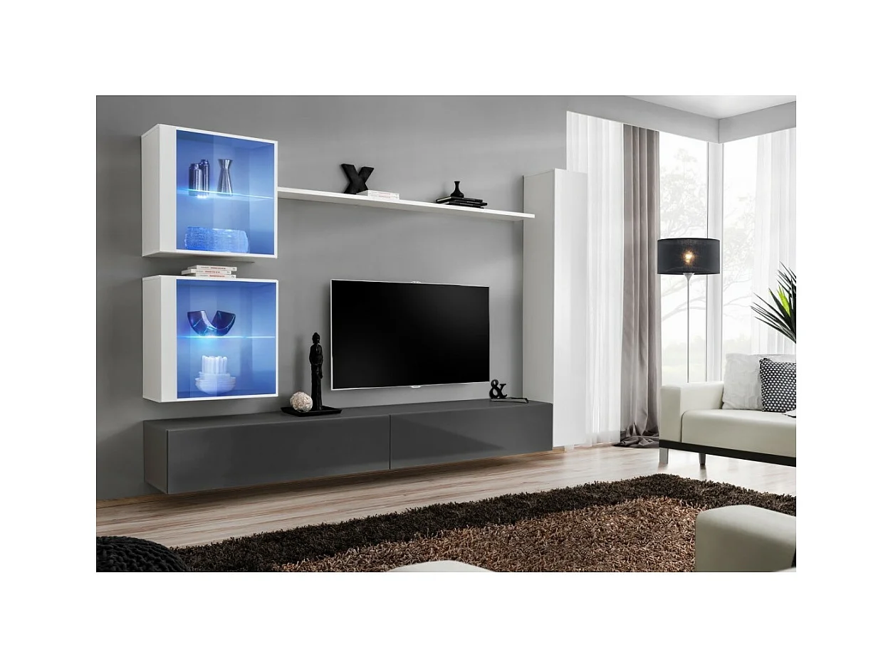 Wohnzimmer Wandmöbel Set SWITCH XVIII Design, in glänzendem Grau und Weiß.