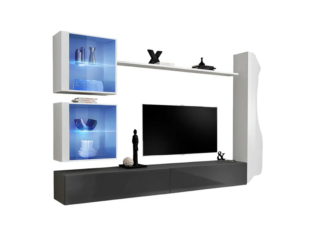 Ensemble meuble salon mural SWITCH XVIII design, coloris gris et blanc brillant.