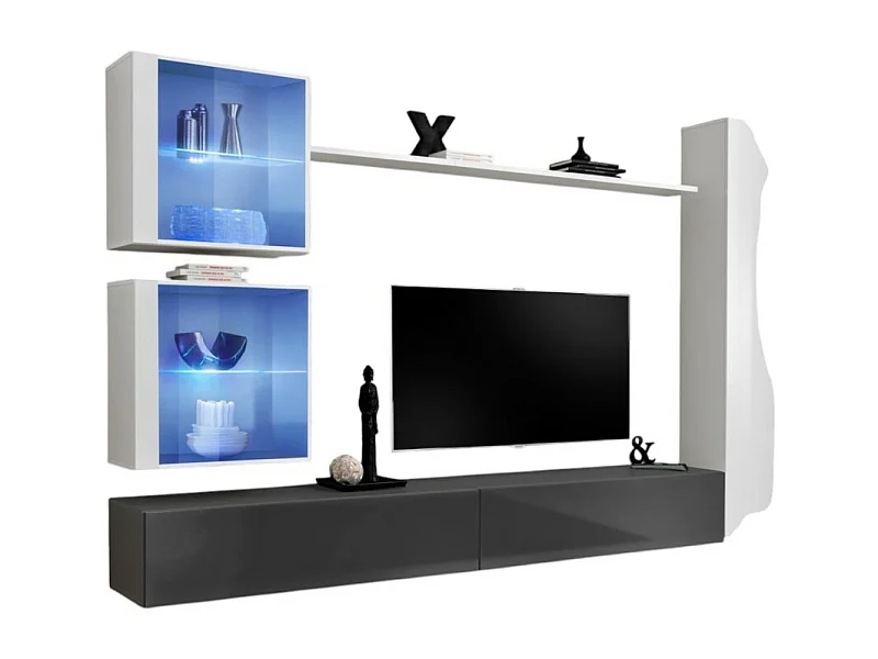 Ensemble meuble salon mural SWITCH XVIII design, coloris gris et blanc brillant.