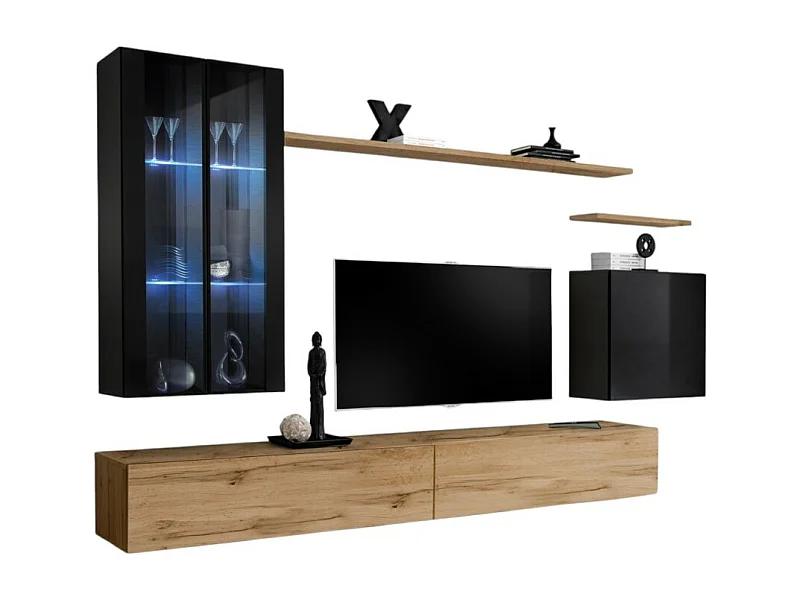 Wohnzimmer-Wandmöbel-Set SWITCH XII im Design, Farbe Wotan-Eiche und glänzendes Schwarz.