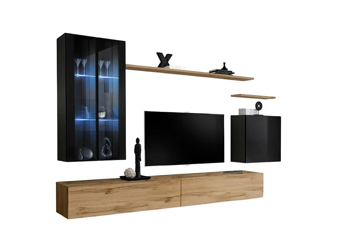 Wohnzimmer-Wandmöbel-Set SWITCH XII im Design, Farbe Wotan-Eiche und glänzendes Schwarz.