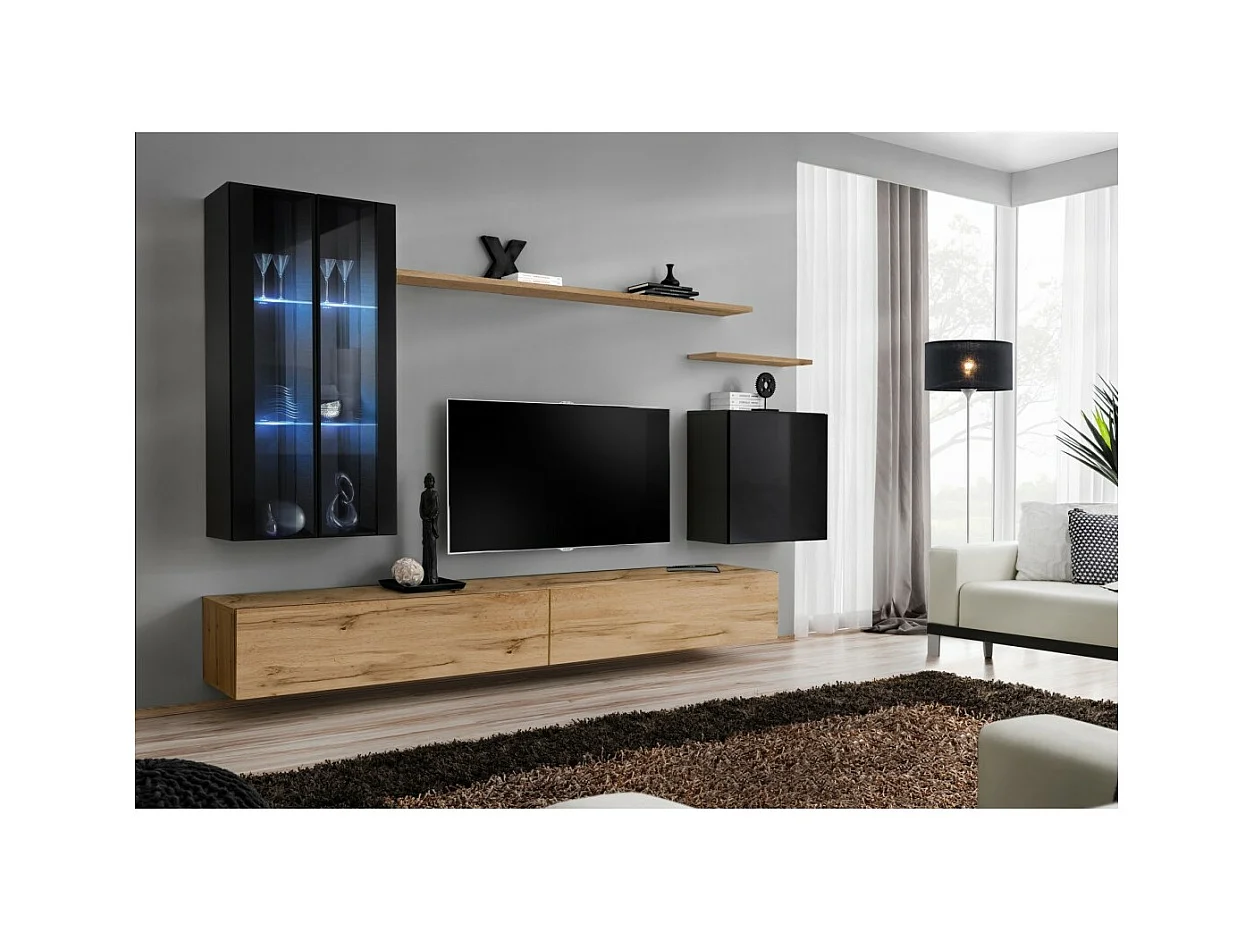 Wohnzimmer-Wandmöbel-Set SWITCH XII im Design, Farbe Wotan-Eiche und glänzendes Schwarz.