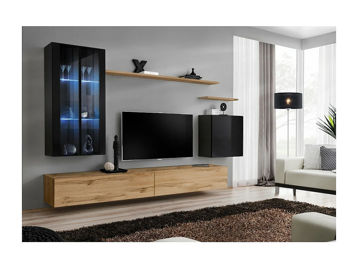 Ensemble meuble salon mural SWITCH XII design, coloris chêne Wotan et noir brillant.