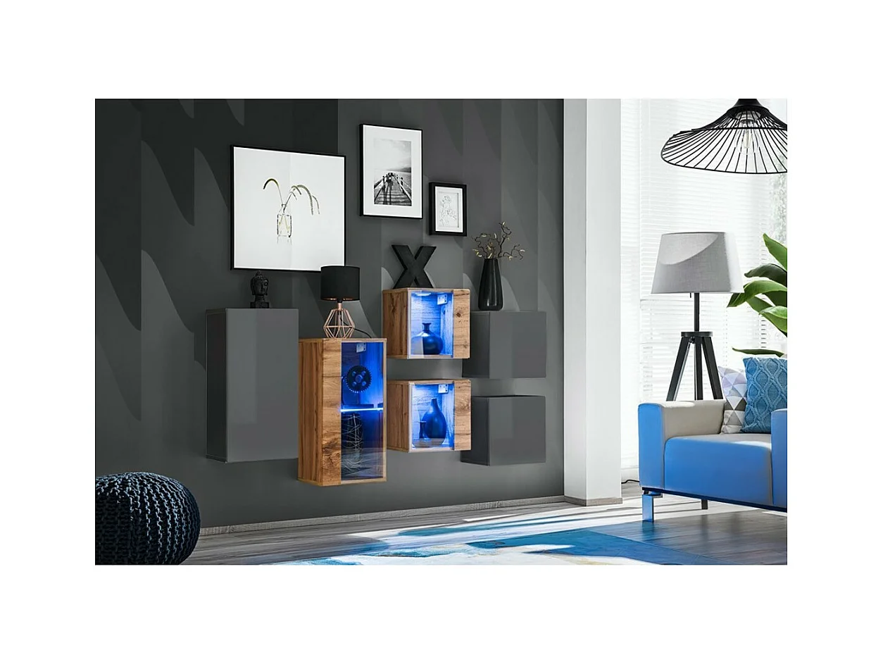 Conjunto de móveis para sala de estar SWITCH SBIV design. Cores cinza e carvalho.