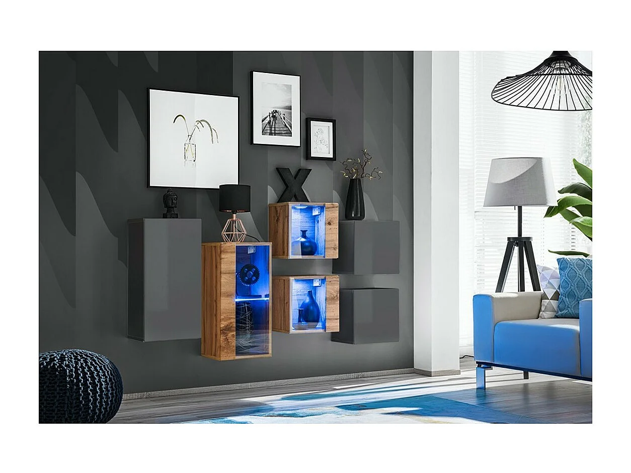 Conjunto de móveis para sala de estar SWITCH SBIV design. Cores cinza e carvalho.