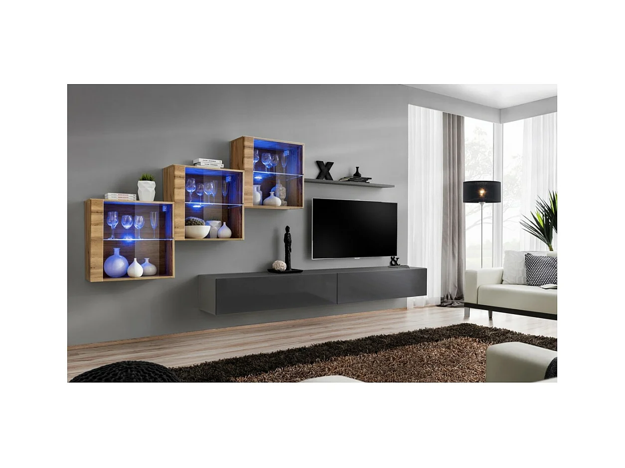 Conjunto de móveis para sala de estar SWITCH XX design, nas cores cinza brilhante e carvalho Wotan.