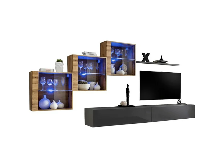 Ensemble meubles de salon SWITCH XX design, coloris gris brillant et chêne Wotan.