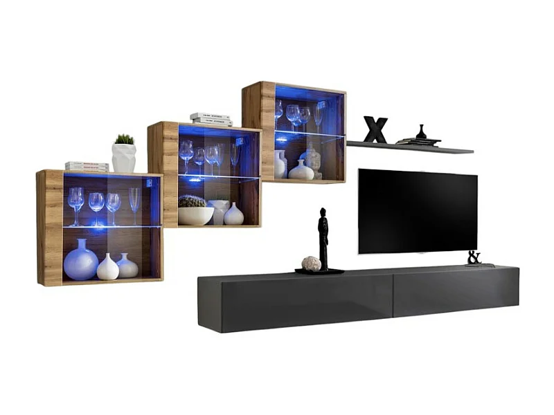 Woonkamerset SWITCH XX design, in glanzend grijs en Wotan eiken kleur.