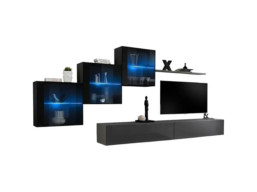 Wohnzimmermöbelset SWITCH XX Design, in glänzendem Grau und Schwarz.